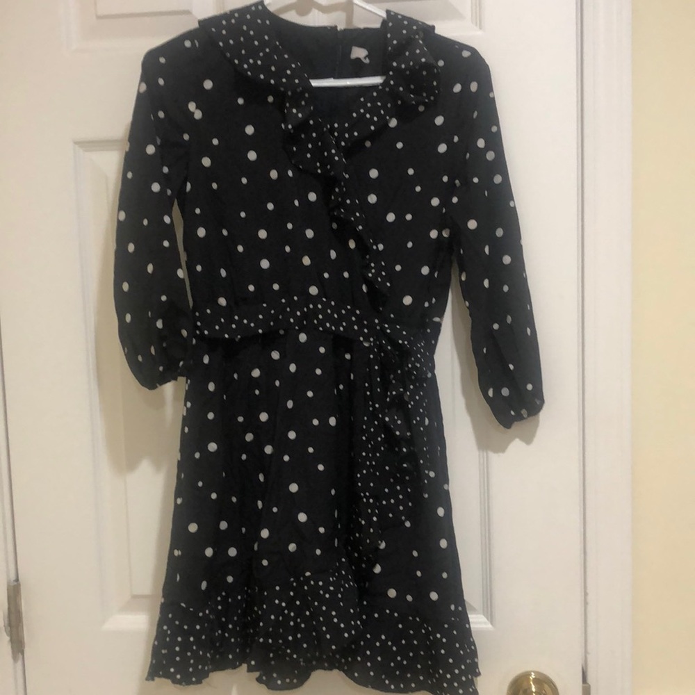 Girls Black and White polka dot faux wrap dress